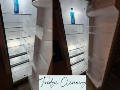 Refrigerator interior after cleaning, showing spotless shelves and neatly organized food items
