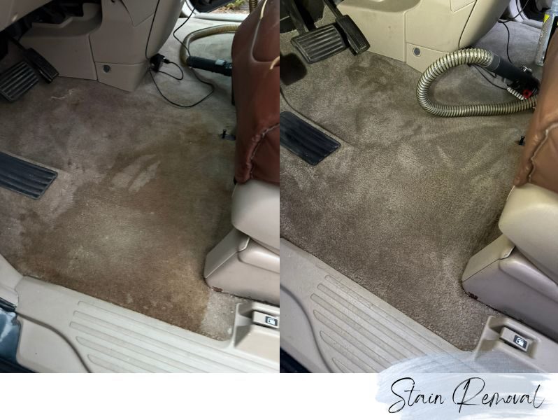 Before-and-after carpet stain removal showing lifted stains and restored fibers