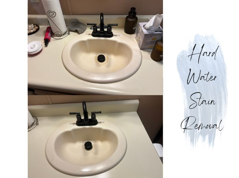 Sink after descaling, showing removal of mineral deposits and polished surface