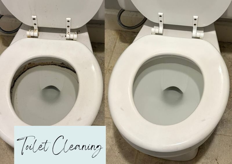 Toilet after deep cleaning, showing clean bowl, base, and surrounding area