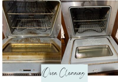 Before-and-after oven cleaning showing removal of baked-on grease and restored shine